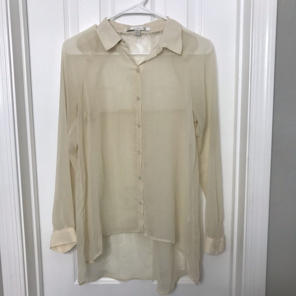 Lauren Conrad Cream Sheer Button Down Lace Top